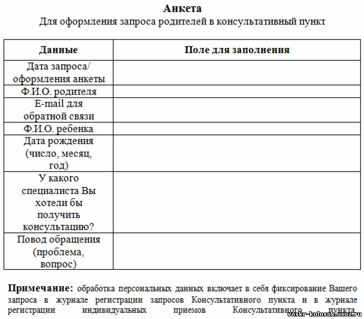 Анкета для родителей в детском саду образец шаблон